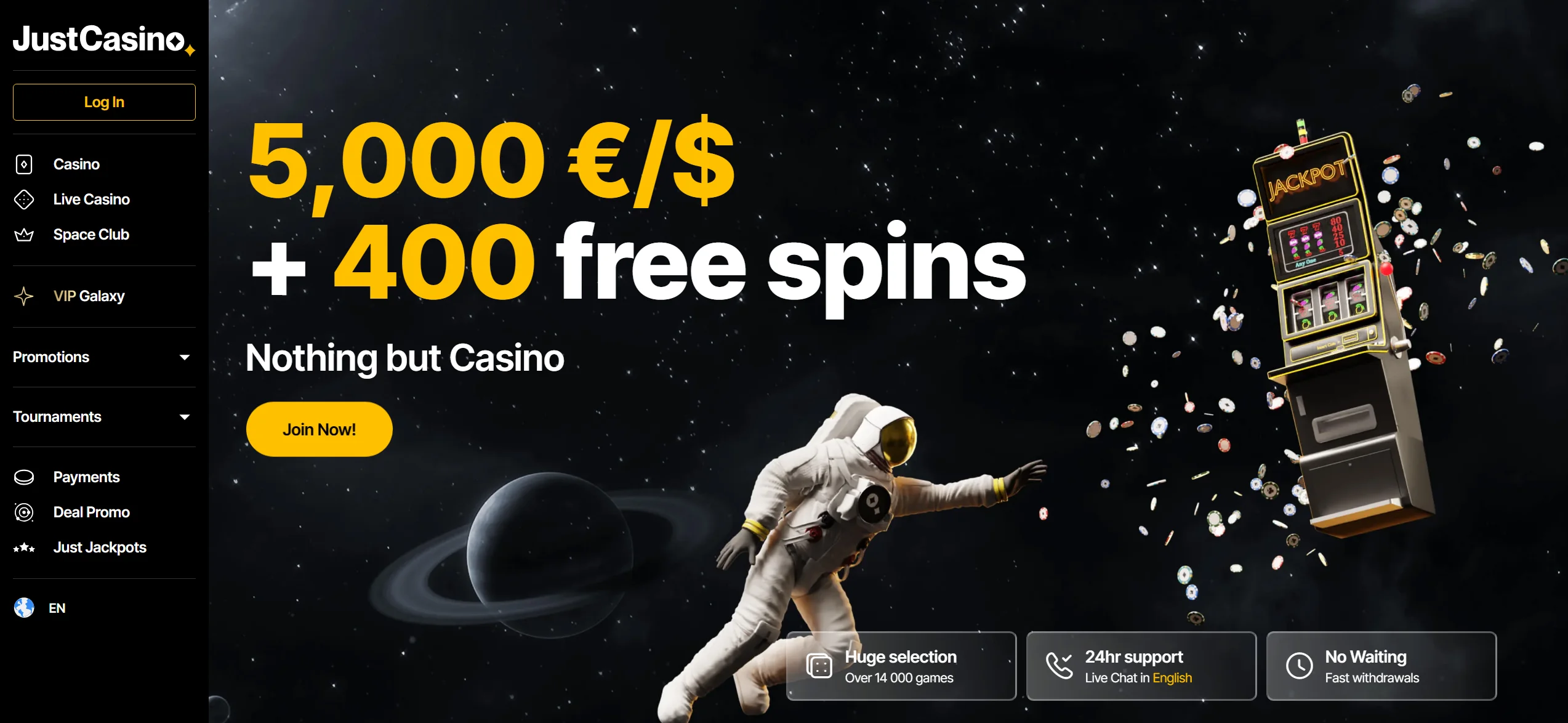 JustCasino frontpage with $5000 bonus + 400 free spins