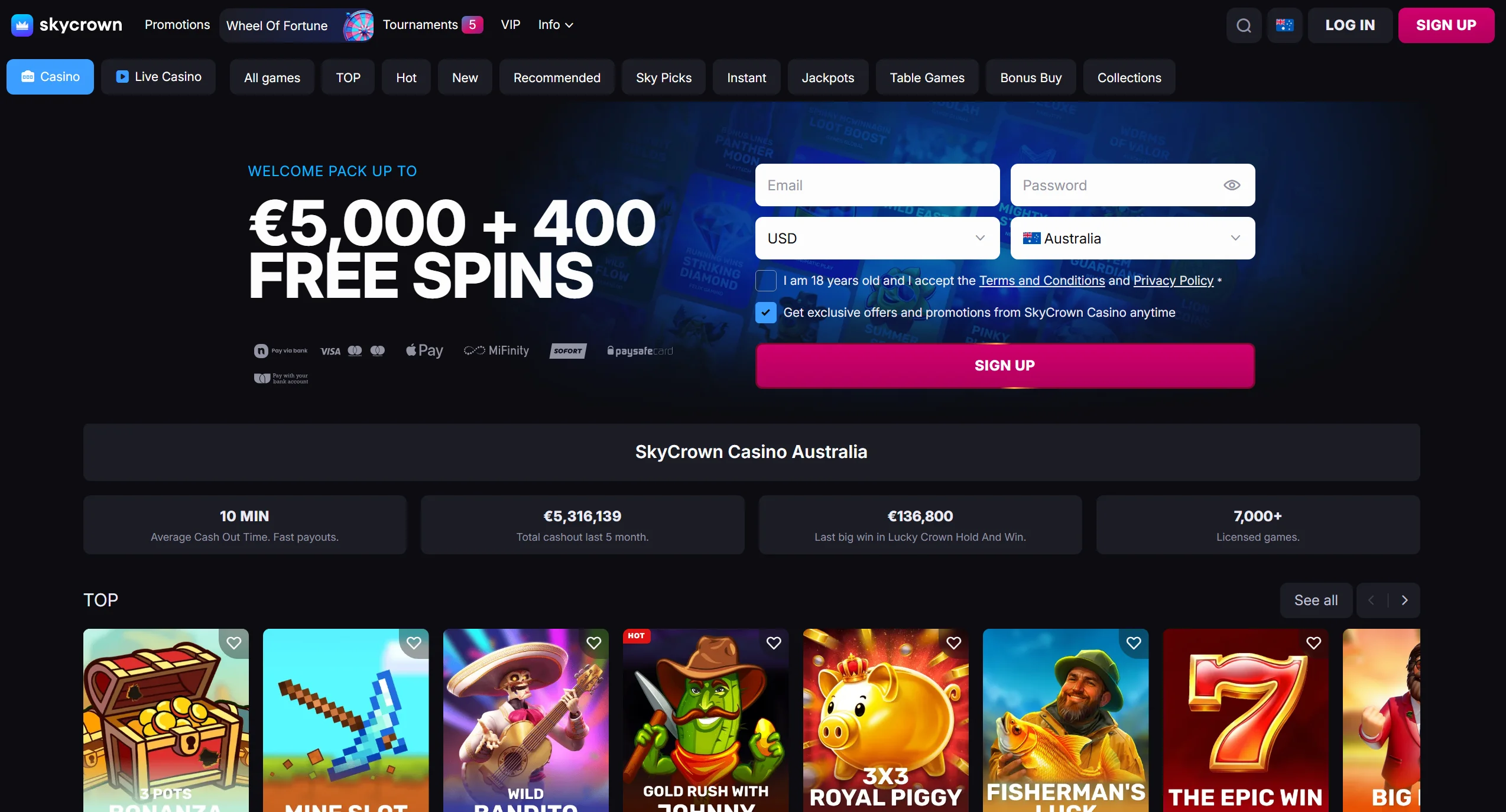 Skycrown frontpage with banner displaying a welcome bonus and top online pokies