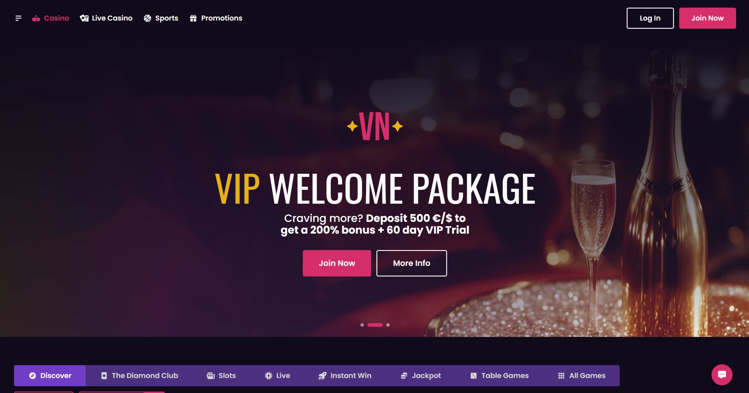 Vegas Now frontpage with banner showing a VIP welcome package